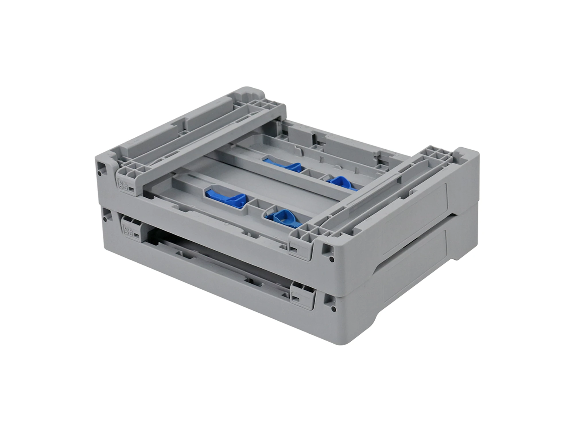 Two grey crates folded flat and stacked