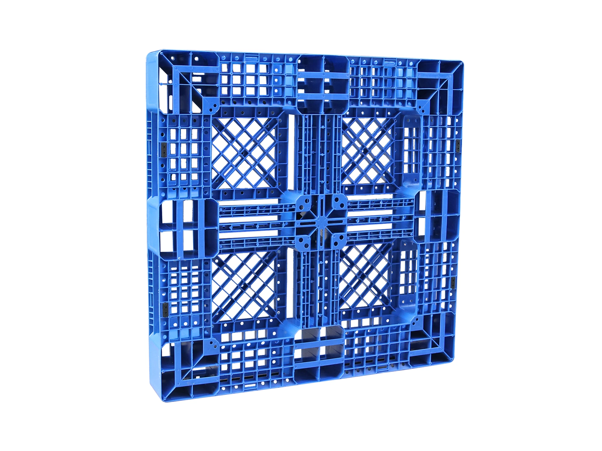 Underside view of a blue plastic pallet