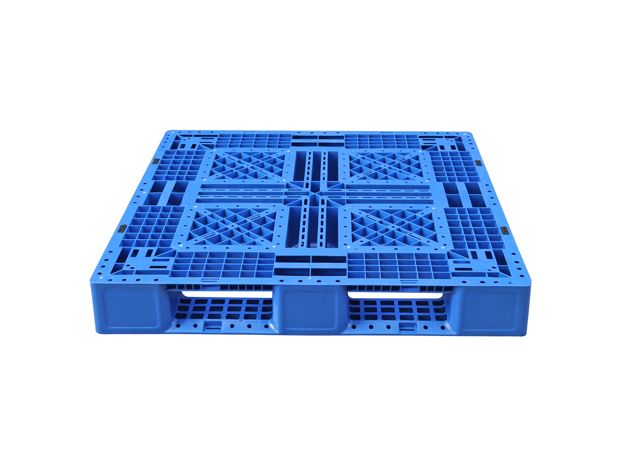 Blue plastic pallet showing its grid structure and side openings