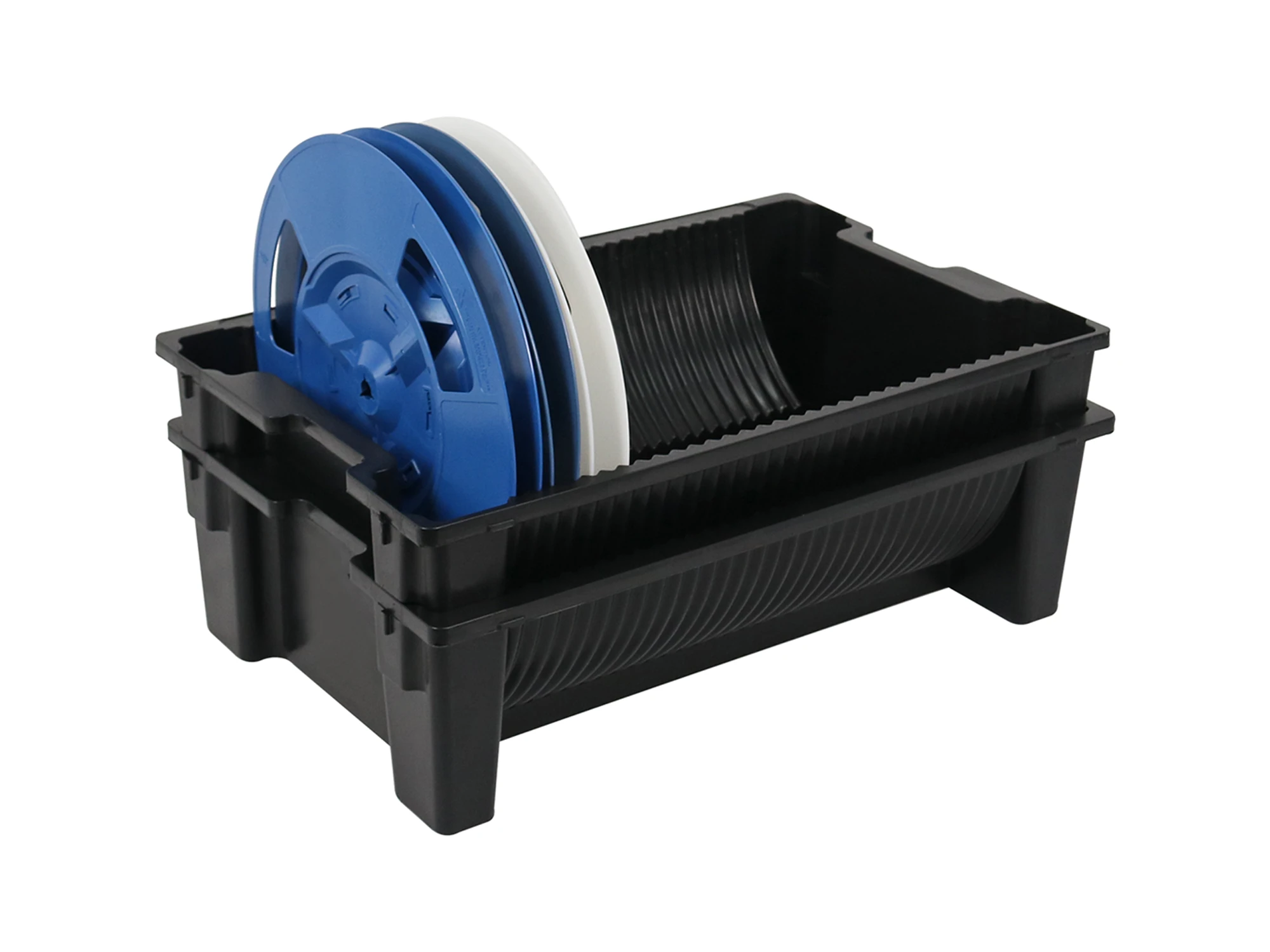 Black slotted tray insert holding several reels upright